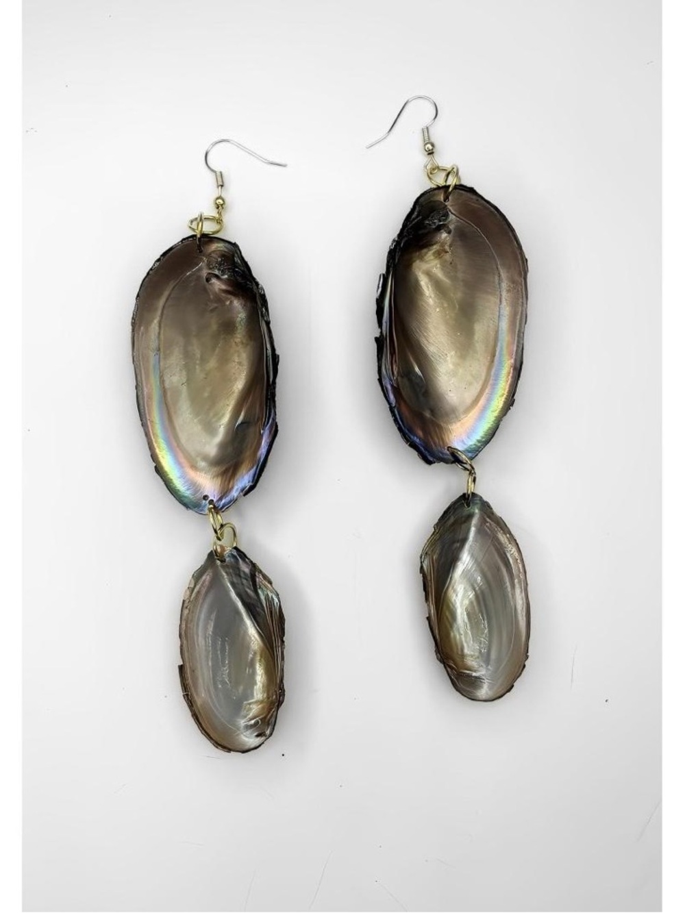Iridescent Shell Double-Drop Earrings in Brown-Gray